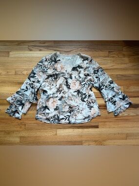 Calvin Klein Floral V-Neck Bell Sleeve Blouse Size XL